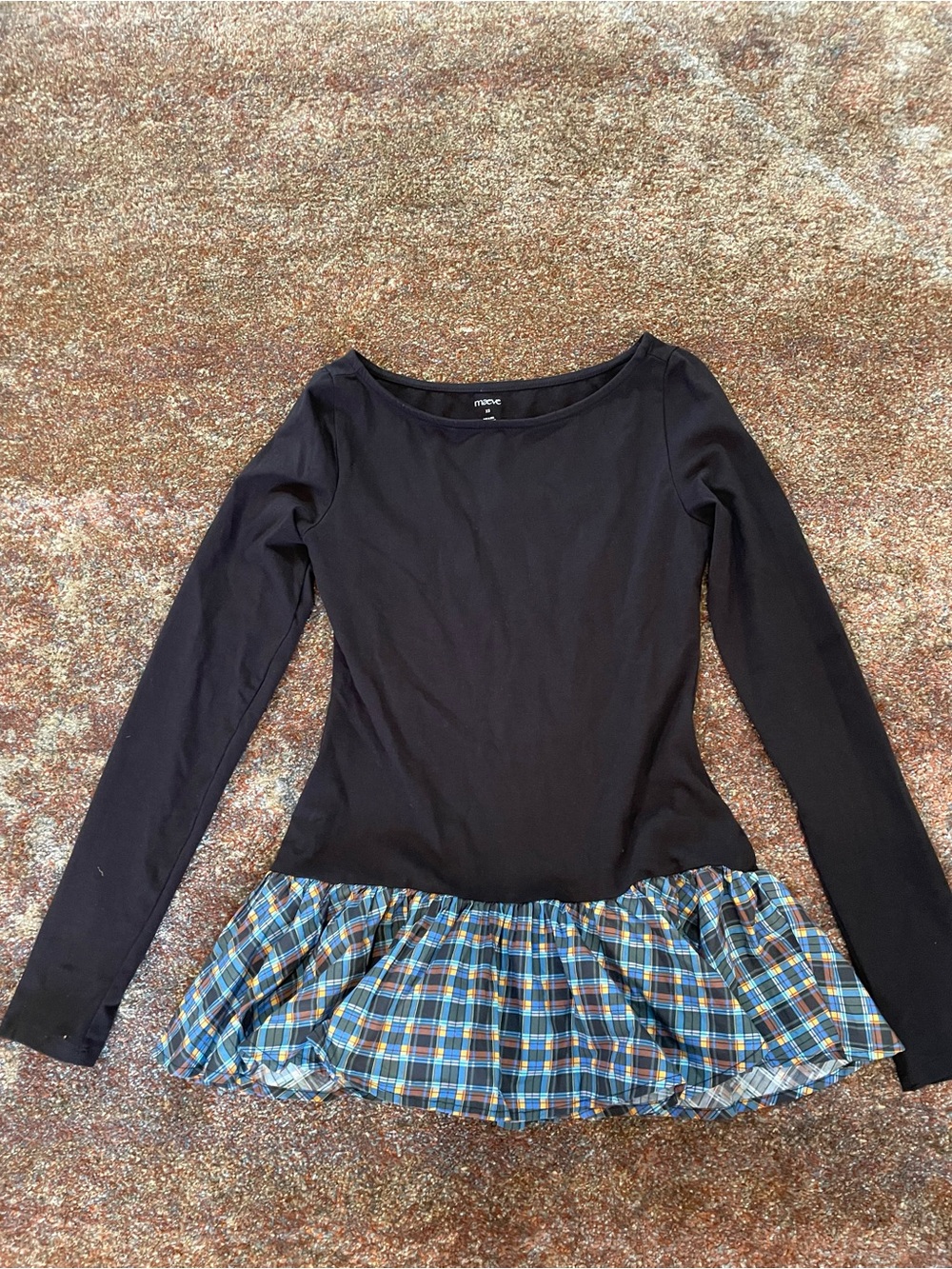 Black Long-Sleeve Top with Blue Plaid Ruffle Hem